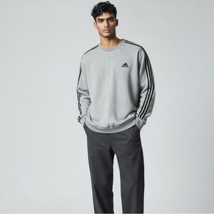 Adidas Gray Black Stripe Crewneck Sweatshirt Men’s XL Embroidered Logo Pullover